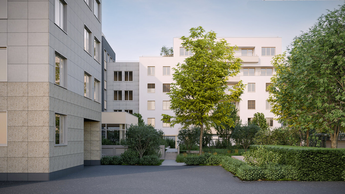 Visualisierung des Innenhofs mit Bäumen und Blick Richtung Großer Brockhaus